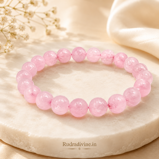 Rose Quartz Bracelet 8MM crafted with natural Rose Quartz gemstone beads and official Lab Certificate by Rudradivine for love, emotional healing, heart chakra balance, harmony, and inner peace.