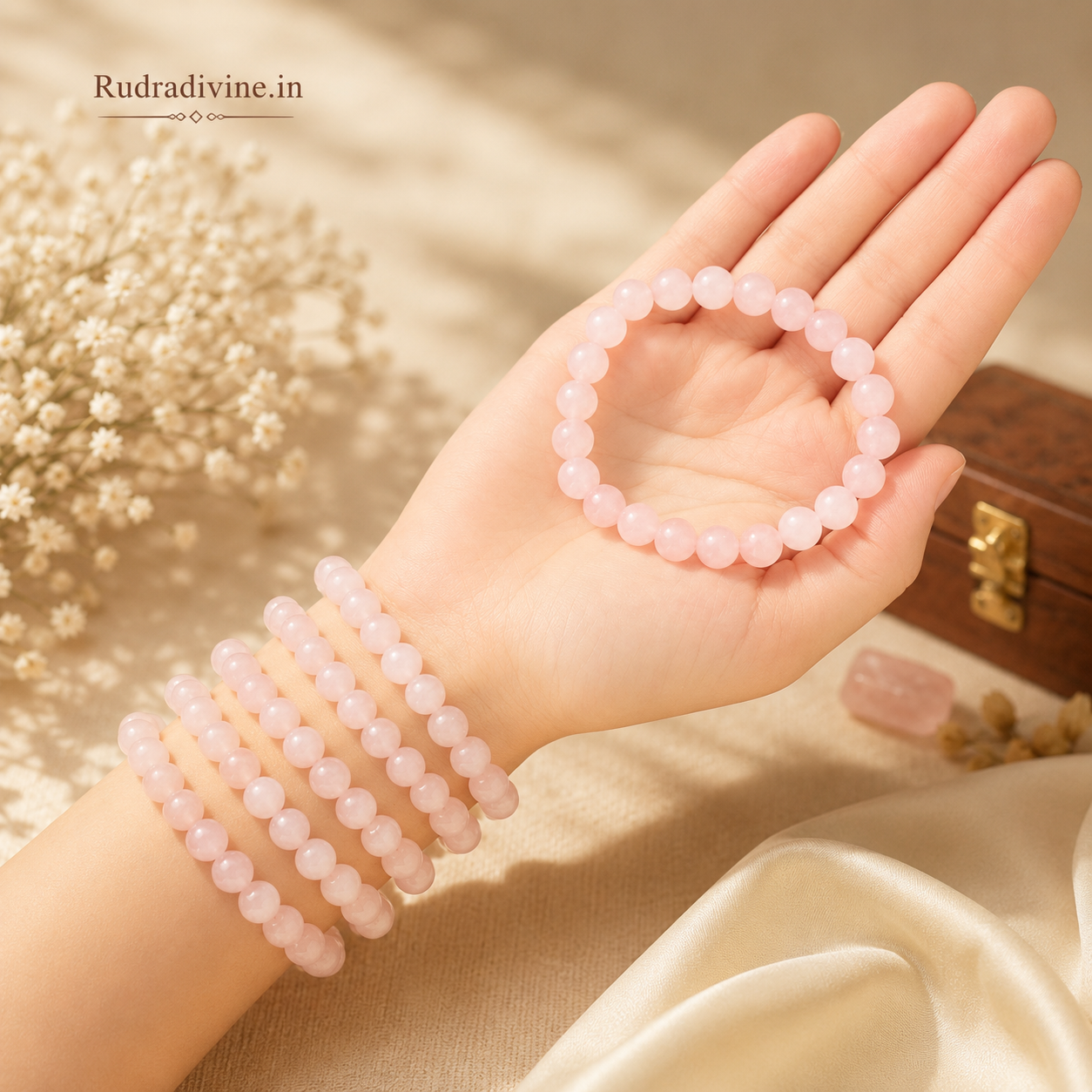 Rose Quartz Bracelet 8MM crafted with natural Rose Quartz gemstone beads and official Lab Certificate by Rudradivine for love, emotional healing, heart chakra balance, harmony, and inner peace.