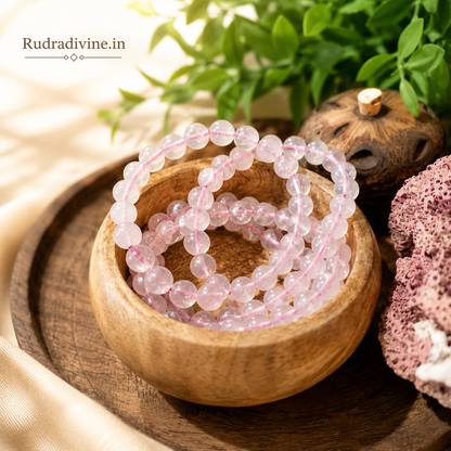Rose Quartz Bracelet 8MM crafted with natural Rose Quartz gemstone beads and official Lab Certificate by Rudradivine for love, emotional healing, heart chakra balance, harmony, and inner peace.