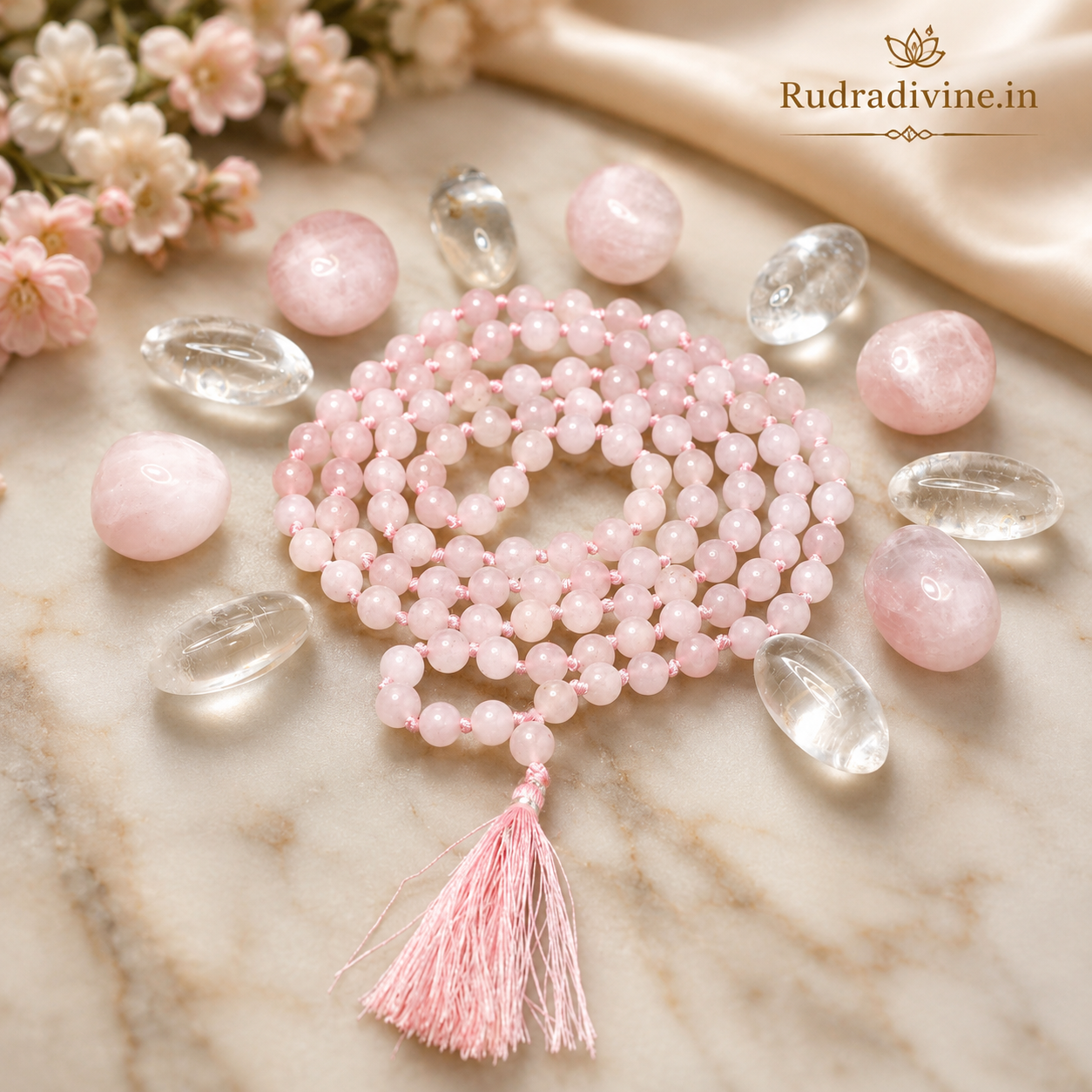 Buy original Rose Quartz Mala 108+1 Beads 8MM at Rudradivine. Lab certified, pre-energized healing crystal with discreet shipping.