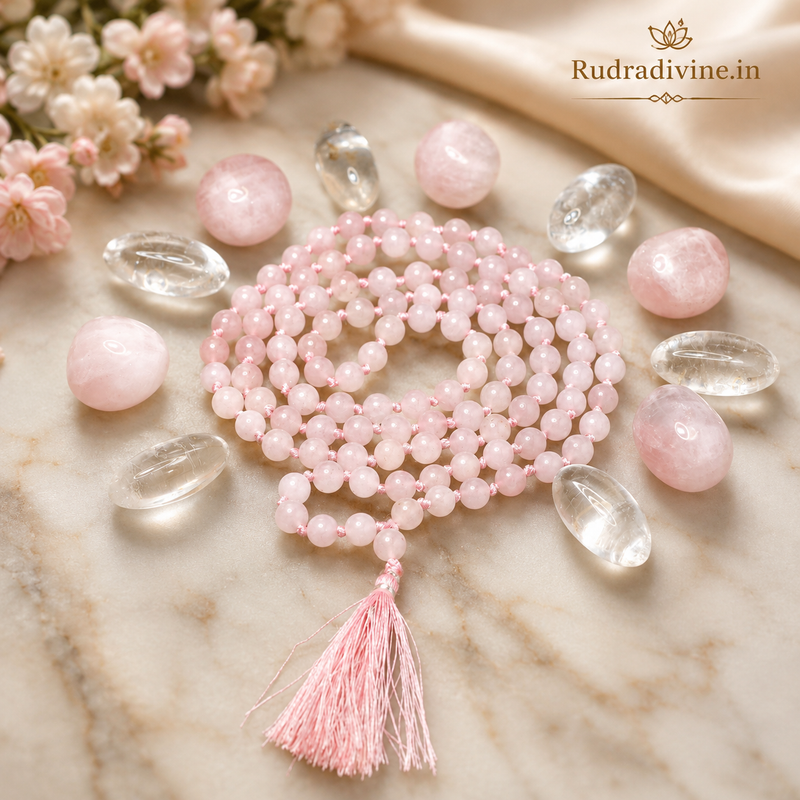 Buy original Rose Quartz Mala 108+1 Beads 8MM at Rudradivine. Lab certified, pre-energized healing crystal with discreet shipping.