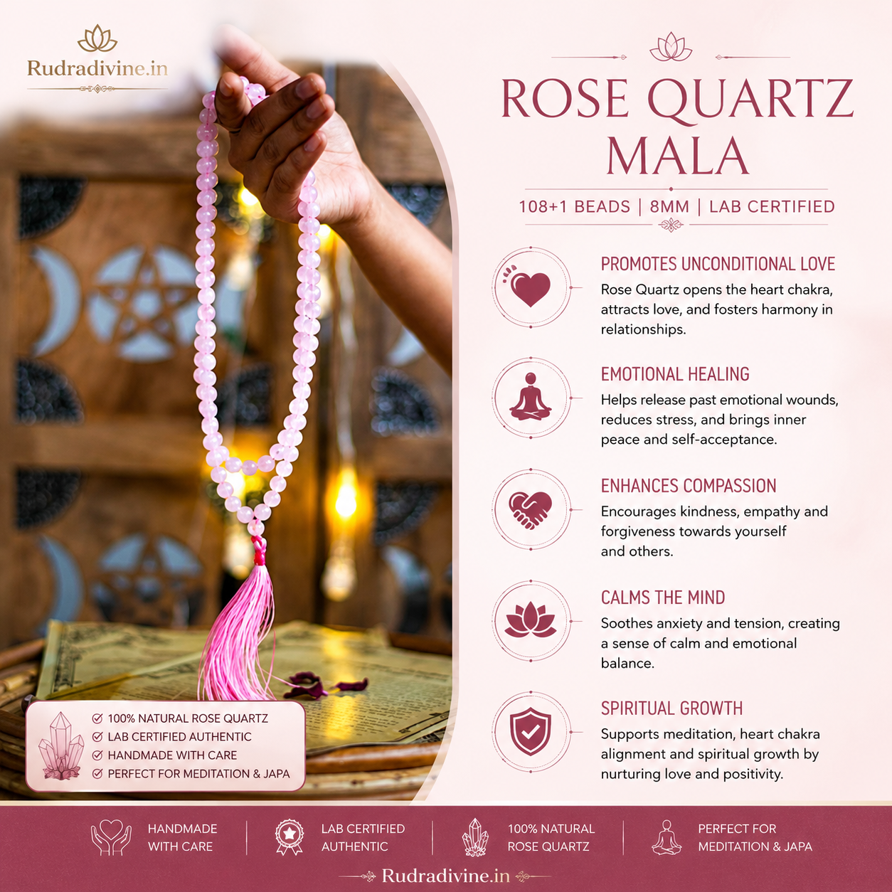 Buy original Rose Quartz Mala 108+1 Beads 8MM at Rudradivine. Lab certified, pre-energized healing crystal with discreet shipping.