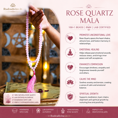 Buy original Rose Quartz Mala 108+1 Beads 8MM at Rudradivine. Lab certified, pre-energized healing crystal with discreet shipping.