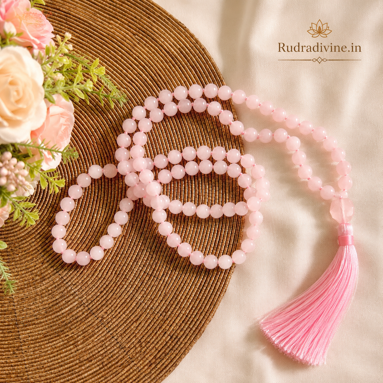 Buy original Rose Quartz Mala 108+1 Beads 8MM at Rudradivine. Lab certified, pre-energized healing crystal with discreet shipping.