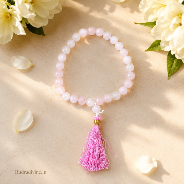 Rose Quartz Mala 27+1 Beads 8MM crafted with natural Rose Quartz gemstones and official Lab Certificate by Rudradivine for emotional healing, love, meditation, and spiritual wellness.