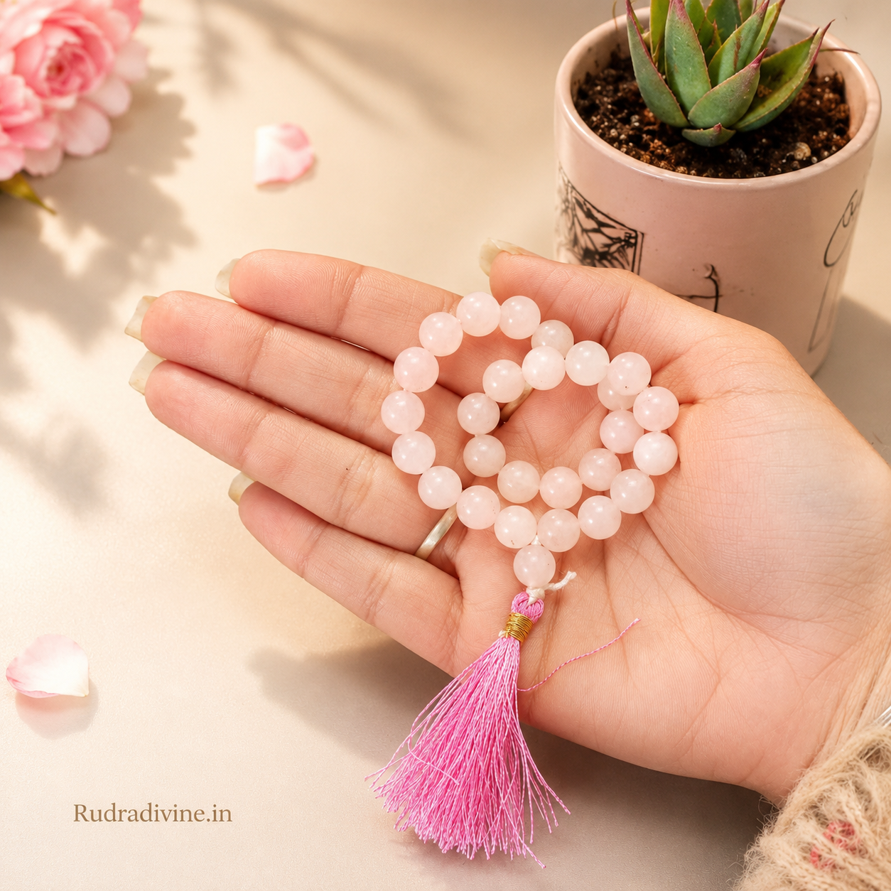 Rose Quartz Mala 27+1 Beads 8MM crafted with natural Rose Quartz gemstones and official Lab Certificate by Rudradivine for emotional healing, love, meditation, and spiritual wellness.