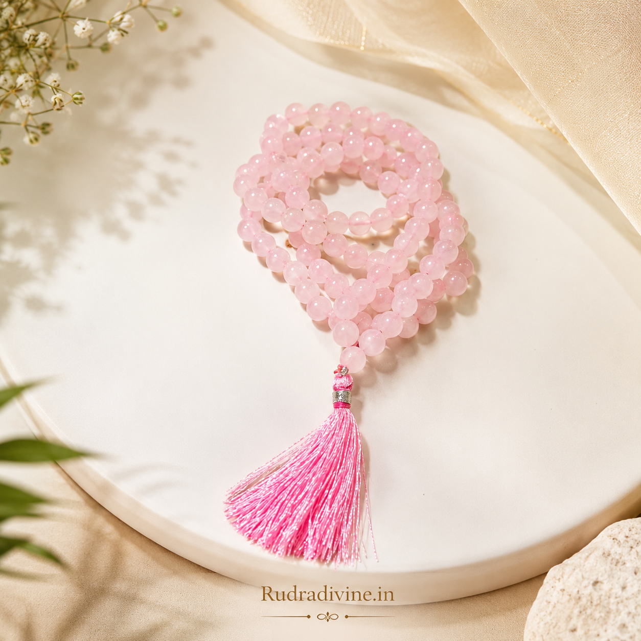 Rose Quartz Mala 54+1 Beads 8MM crafted with natural Rose Quartz gemstones and official Lab Certificate by Rudradivine for emotional healing, love, meditation, and spiritual wellness.
