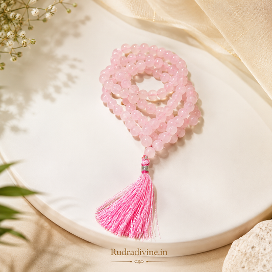 Rose Quartz Mala 54+1 Beads 8MM crafted with natural Rose Quartz gemstones and official Lab Certificate by Rudradivine for emotional healing, love, meditation, and spiritual wellness.