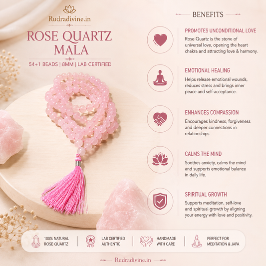 Rose Quartz Mala 54+1 Beads 8MM crafted with natural Rose Quartz gemstones and official Lab Certificate by Rudradivine for emotional healing, love, meditation, and spiritual wellness.