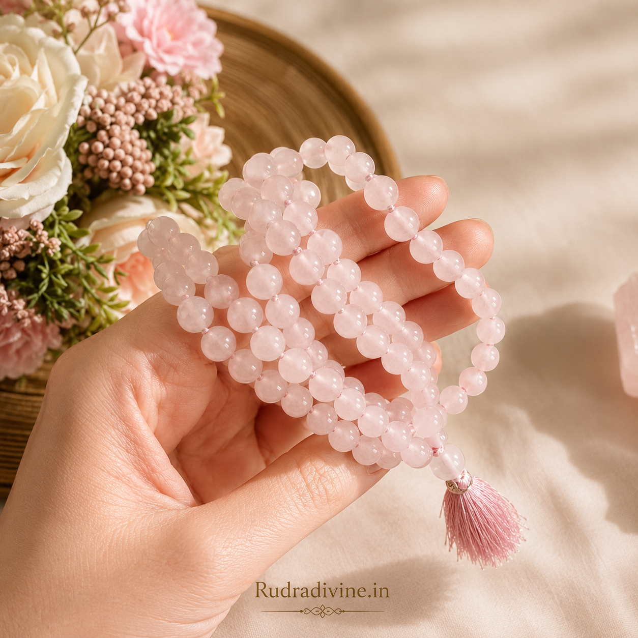 Rose Quartz Mala 54+1 Beads 8MM crafted with natural Rose Quartz gemstones and official Lab Certificate by Rudradivine for emotional healing, love, meditation, and spiritual wellness.