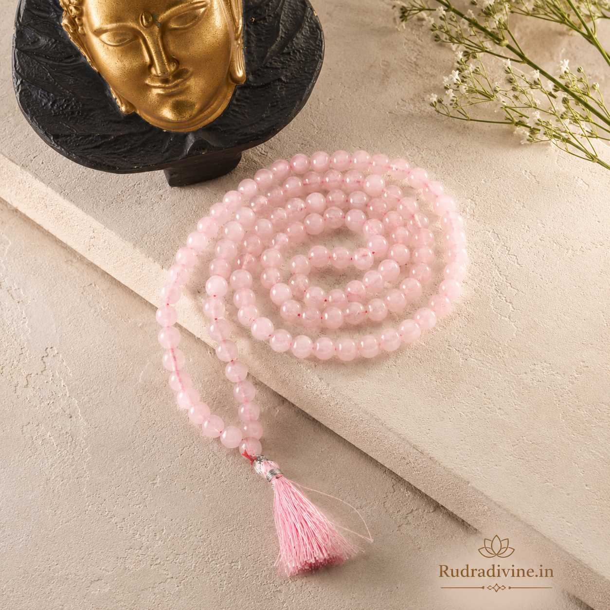 Rose Quartz Mala 54+1 Beads 8MM crafted with natural Rose Quartz gemstones and official Lab Certificate by Rudradivine for emotional healing, love, meditation, and spiritual wellness.