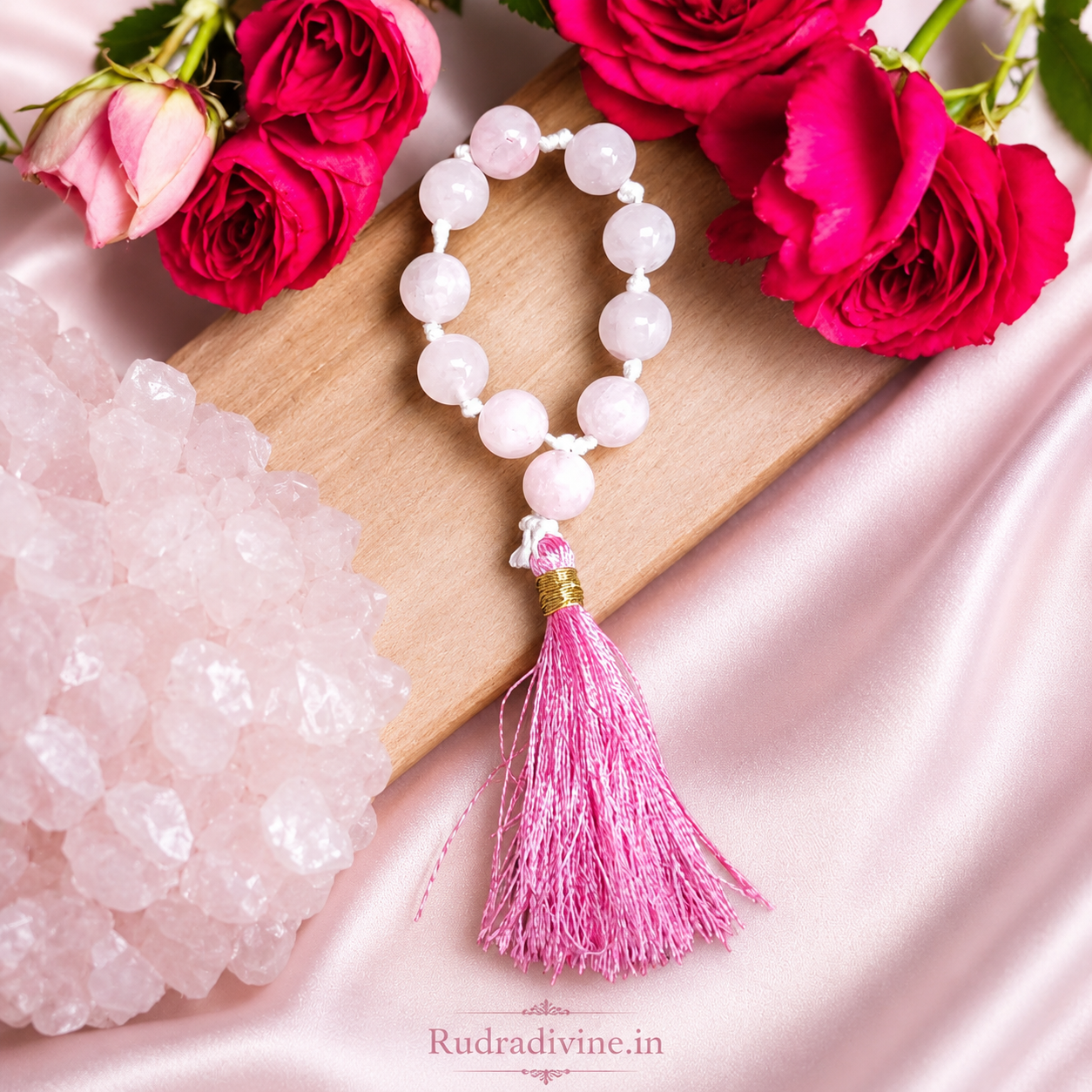 Rose Quartz Mala 9+1 Beads 8MM crafted with natural Rose Quartz gemstones and official Lab Certificate by Rudradivine for love, emotional healing, meditation, and spiritual wellness.