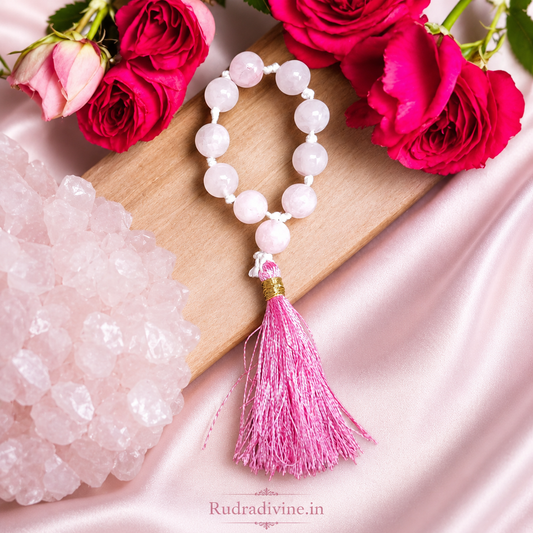 Rose Quartz Mala 9+1 Beads 8MM crafted with natural Rose Quartz gemstones and official Lab Certificate by Rudradivine for love, emotional healing, meditation, and spiritual wellness.