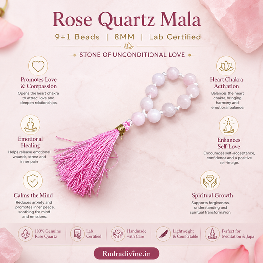 Rose Quartz Mala 9+1 Beads 8MM crafted with natural Rose Quartz gemstones and official Lab Certificate by Rudradivine for love, emotional healing, meditation, and spiritual wellness.