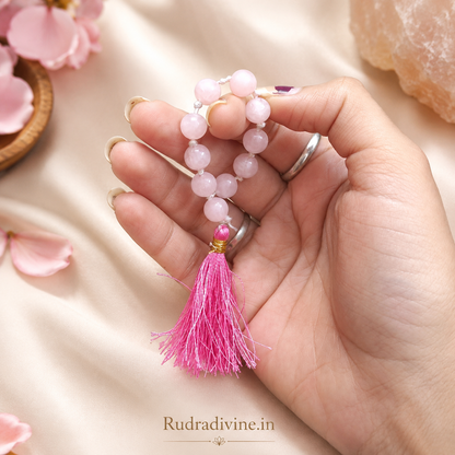 Rose Quartz Mala 9+1 Beads 8MM crafted with natural Rose Quartz gemstones and official Lab Certificate by Rudradivine for love, emotional healing, meditation, and spiritual wellness.