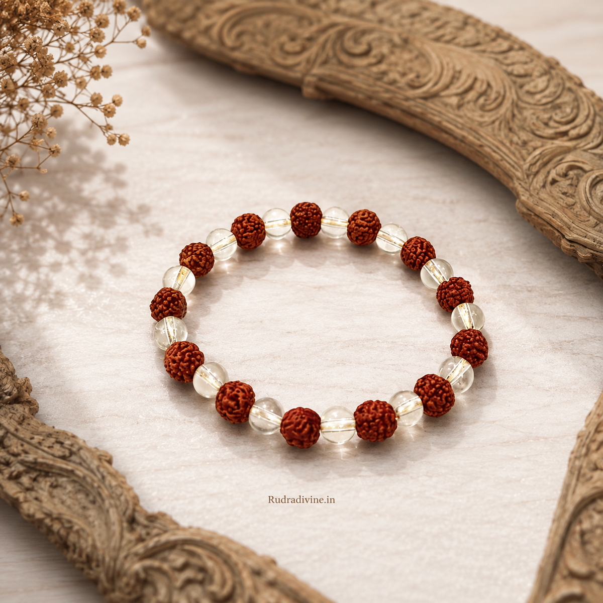 Rudraksh Spathic Bracelet with Rudraksha Crystal 8-10 MM beads and Lab Certificate by Rudradivine, designed for spiritual practices, meditation and everyday wear.