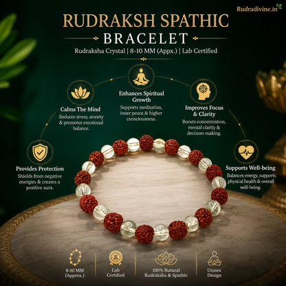 Rudraksh Spathic Bracelet with Rudraksha Crystal 8-10 MM beads and Lab Certificate by Rudradivine, designed for spiritual practices, meditation and everyday wear.