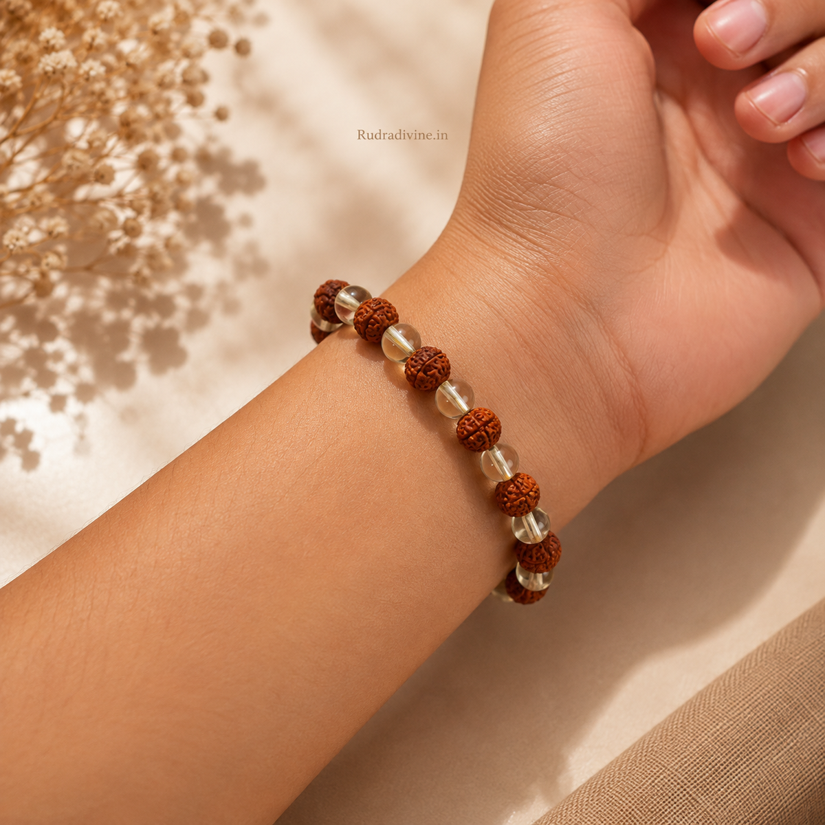 Rudraksh Spathic Bracelet with Rudraksha Crystal 8-10 MM beads and Lab Certificate by Rudradivine, designed for spiritual practices, meditation and everyday wear.