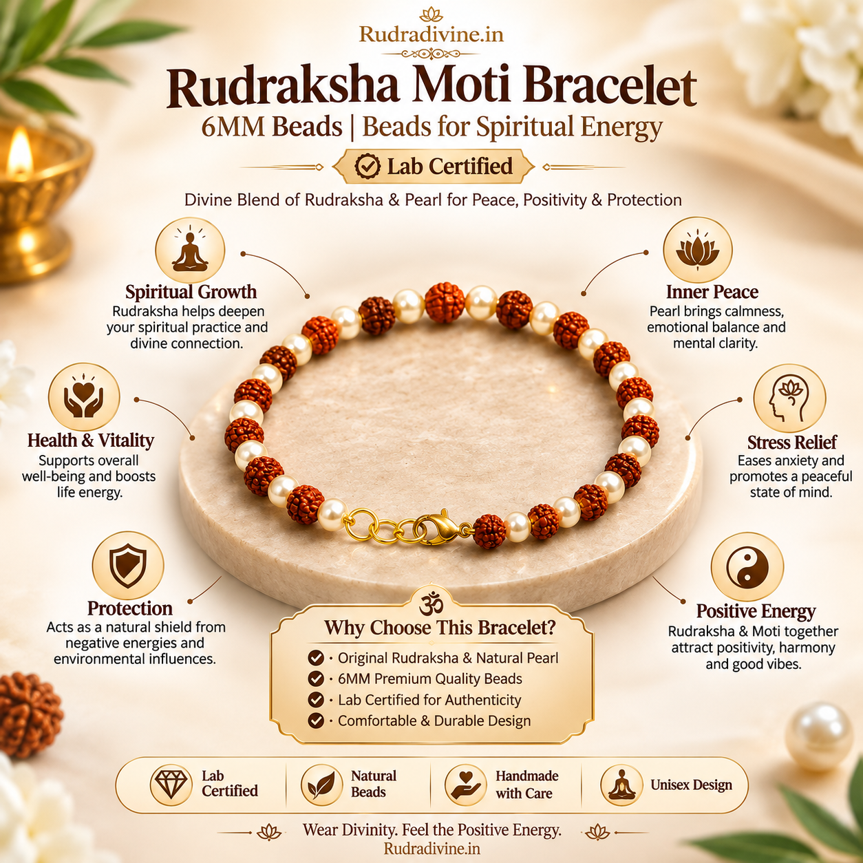 Rudraksha Moti Bracelet 8MM crafted with spiritual beads and official Lab Certificate by Rudradivine, designed for meditation, mindfulness and everyday spiritual wear.