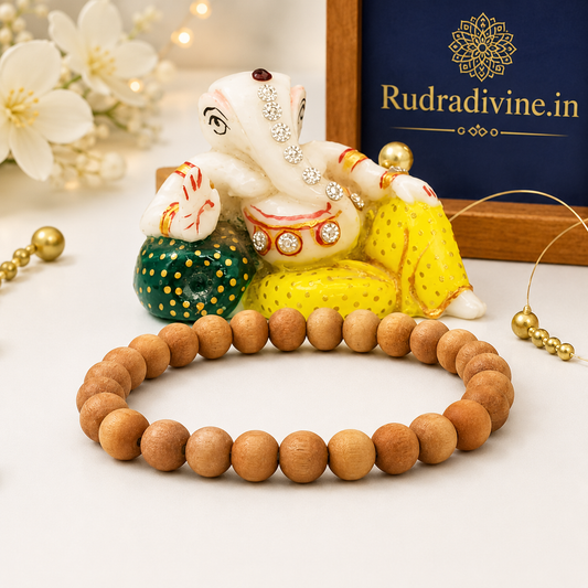 Safed Chandan (White Sandalwood) Bracelet 8MM crafted with natural White Sandalwood beads and official Lab Certificate by Rudradivine for meditation, peace, purity, spiritual growth, and positive energy.