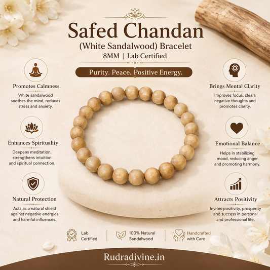 Safed Chandan (White Sandalwood) Bracelet 8MM crafted with natural White Sandalwood beads and official Lab Certificate by Rudradivine for meditation, peace, purity, spiritual growth, and positive energy.