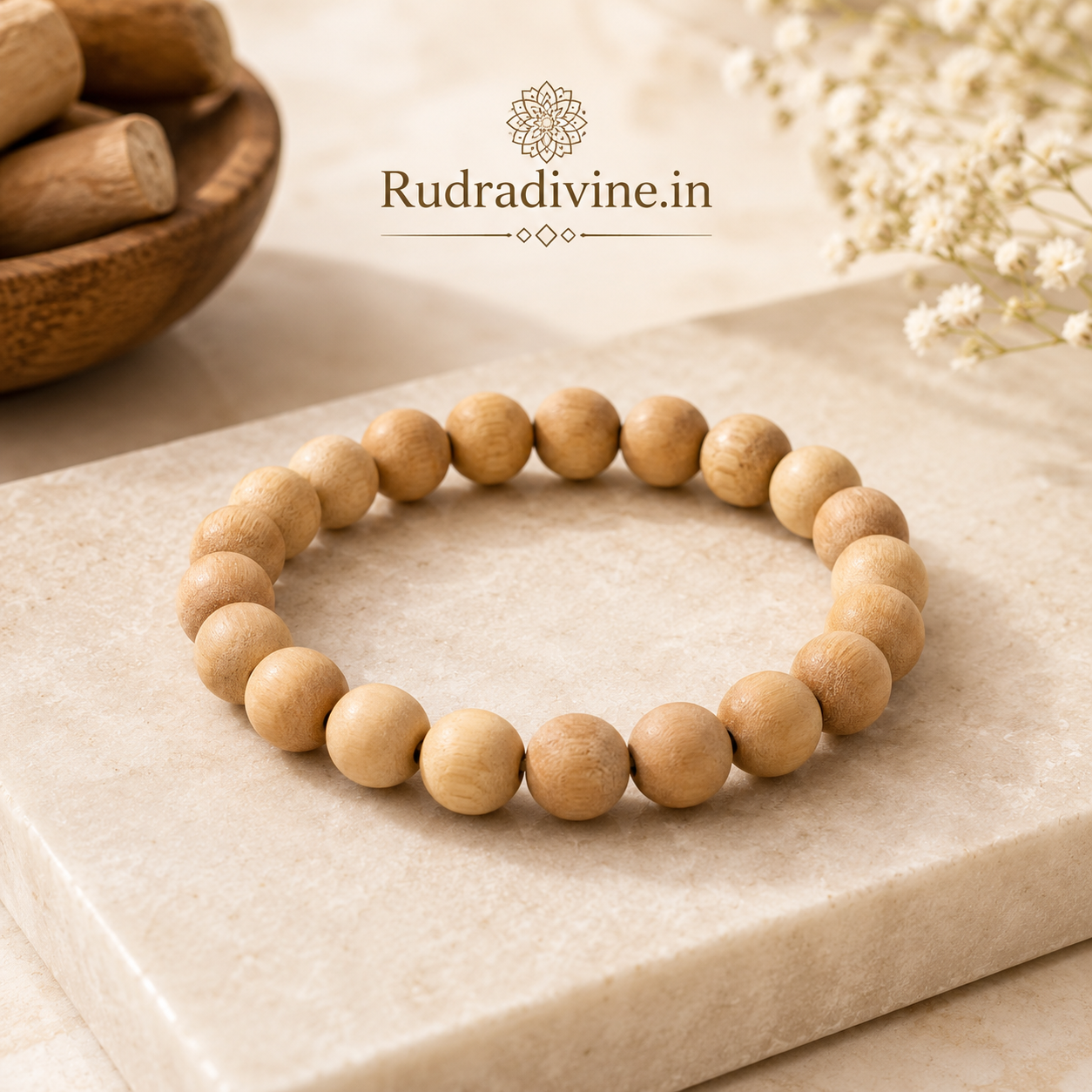 Safed Chandan (White Sandalwood) Bracelet 8MM crafted with natural White Sandalwood beads and official Lab Certificate by Rudradivine for meditation, peace, purity, spiritual growth, and positive energy.