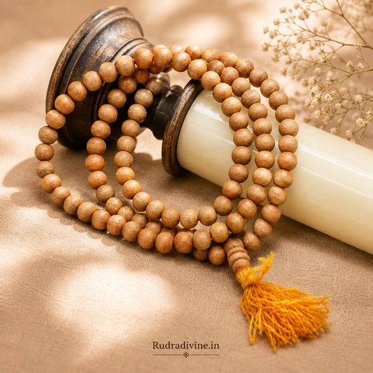 Safed Chandan (White Sandalwood) Mala 108+1 Beads crafted from natural White Sandalwood with 8MM beads and official Lab Certificate by Rudradivine for meditation, mantra chanting and spiritual wellness.