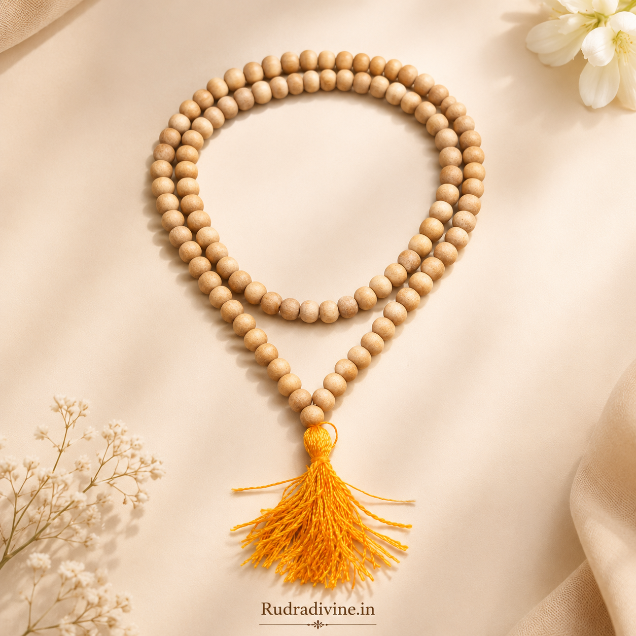 Safed Chandan (White Sandalwood) Mala 108+1 Beads crafted from natural White Sandalwood with 8MM beads and official Lab Certificate by Rudradivine for meditation, mantra chanting and spiritual wellness.