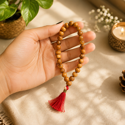 Safed Chandan (White Sandalwood) Mala 27+1 Beads 8MM crafted from natural white sandalwood with official Lab Certificate by Rudradivine for meditation, mantra chanting and daily spiritual practice.