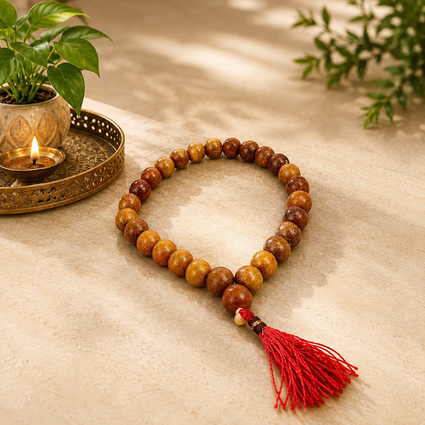 Safed Chandan (White Sandalwood) Mala 27+1 Beads 8MM crafted from natural white sandalwood with official Lab Certificate by Rudradivine for meditation, mantra chanting and daily spiritual practice.