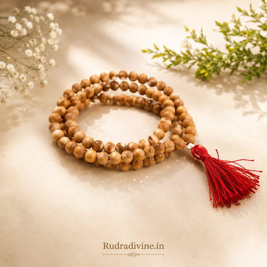 Safed Chandan (White Sandalwood) Mala 54+1 Beads 8MM crafted from natural white sandalwood with official Lab Certificate by Rudradivine for meditation, mantra chanting and daily spiritual practice.