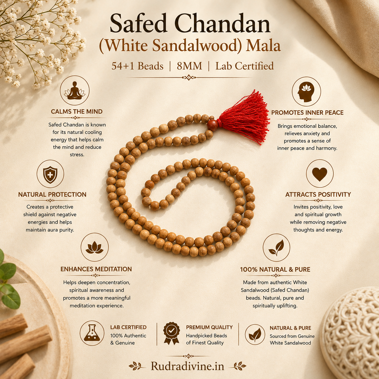 Safed Chandan (White Sandalwood) Mala 54+1 Beads 8MM crafted from natural white sandalwood with official Lab Certificate by Rudradivine for meditation, mantra chanting and daily spiritual practice.