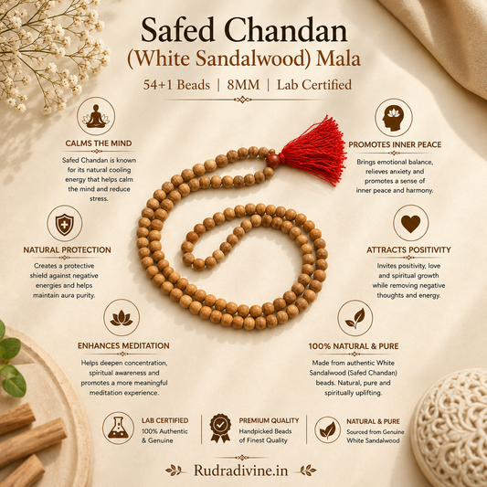 Safed Chandan (White Sandalwood) Mala 54+1 Beads 8MM crafted from natural white sandalwood with official Lab Certificate by Rudradivine for meditation, mantra chanting and daily spiritual practice.