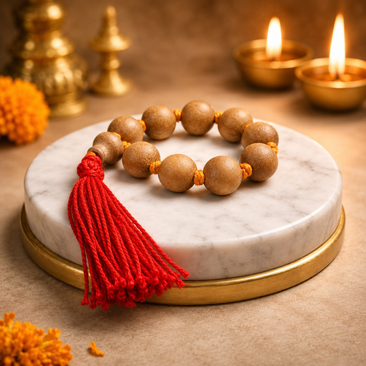 Safed Chandan (White Sandalwood) Mala 9+1 Beads 8MM crafted from natural white sandalwood with official Lab Certificate by Rudradivine for meditation, prayer and daily spiritual practice.