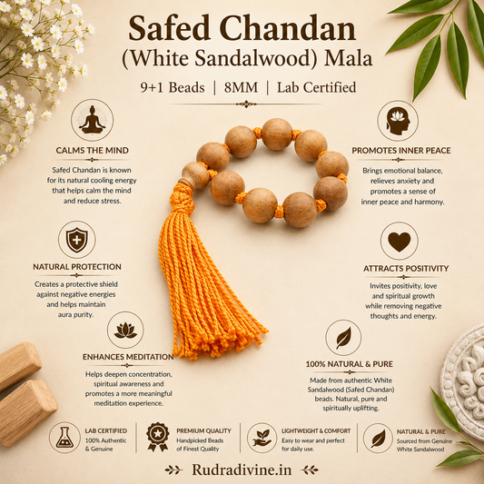 Safed Chandan (White Sandalwood) Mala 9+1 Beads 8MM crafted from natural white sandalwood with official Lab Certificate by Rudradivine for meditation, prayer and daily spiritual practice.