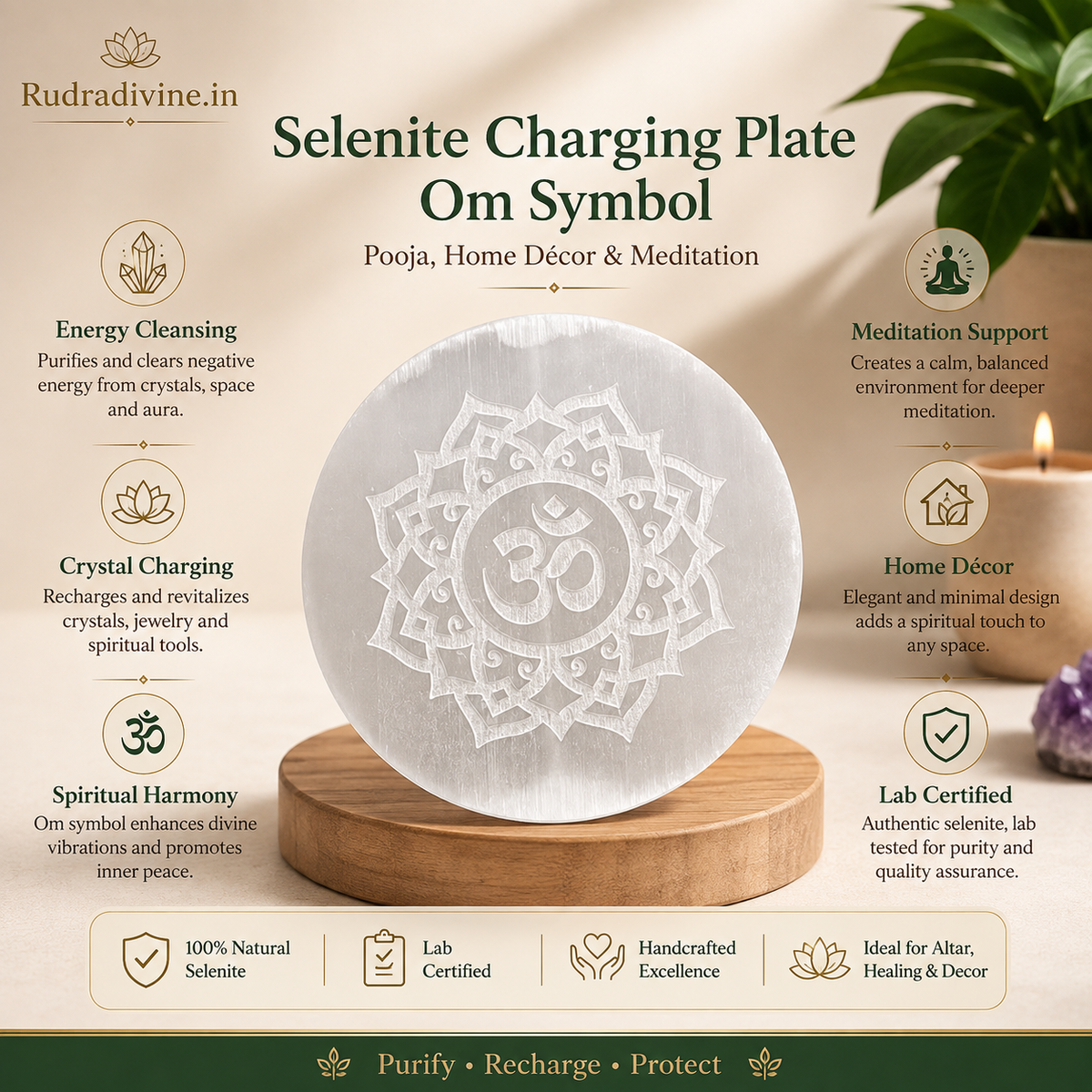 Selenite Charging Plate with Om Symbol crafted from natural crystal with official Lab Certificate by Rudradivine for crystal charging, meditation and spiritual décor.