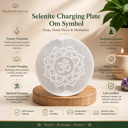 Selenite Charging Plate with Om Symbol crafted from natural crystal with official Lab Certificate by Rudradivine for crystal charging, meditation and spiritual décor.