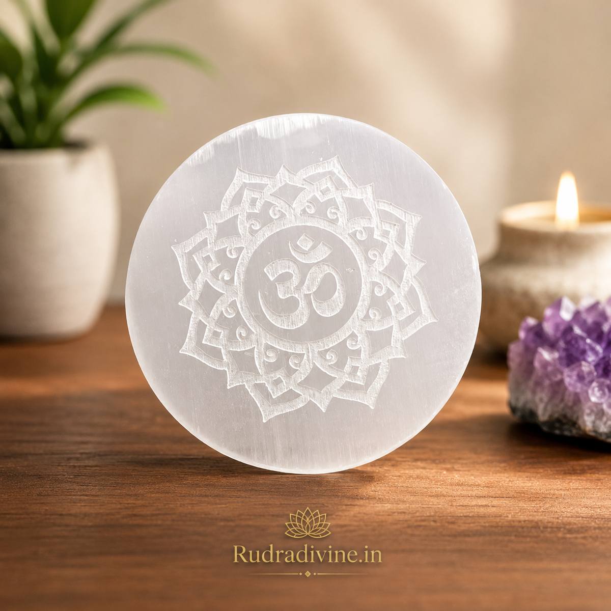 Selenite Charging Plate with Om Symbol crafted from natural crystal with official Lab Certificate by Rudradivine for crystal charging, meditation and spiritual décor.