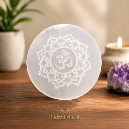 Selenite Charging Plate with Om Symbol crafted from natural crystal with official Lab Certificate by Rudradivine for crystal charging, meditation and spiritual décor.