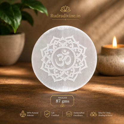 Selenite Charging Plate with Om Symbol crafted from natural crystal with official Lab Certificate by Rudradivine for crystal charging, meditation and spiritual décor.