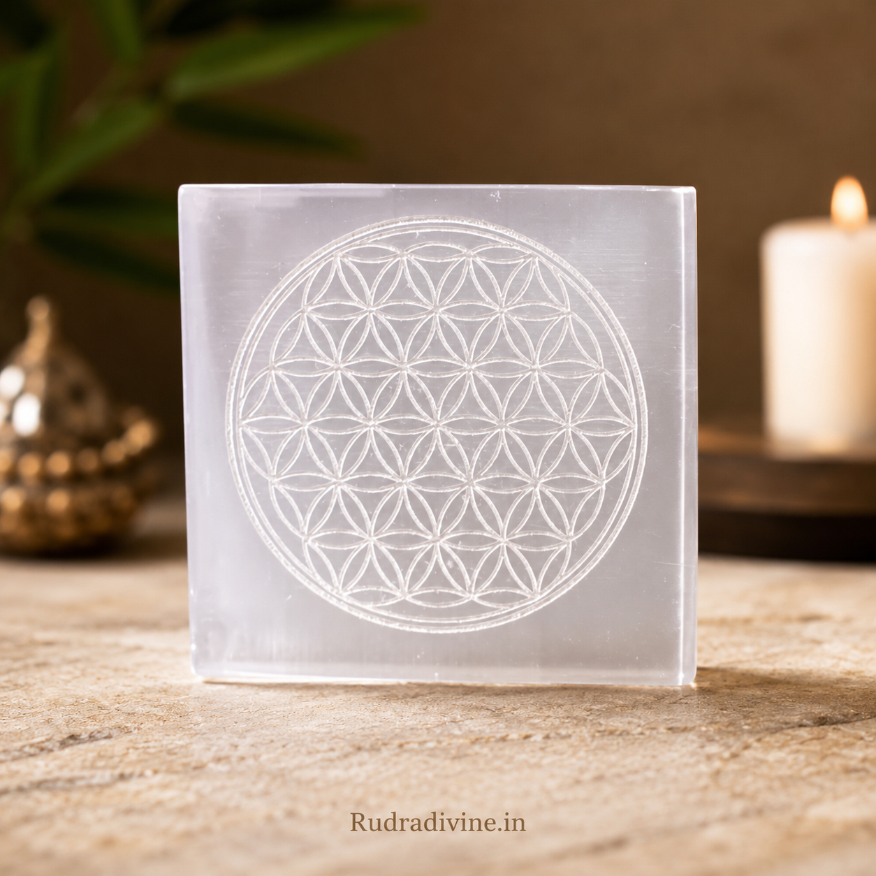 Lab Certified Selenite Crystal Charging Plate with Flower of Life engraved design crafted from genuine natural Selenite by Rudradivine for crystal cleansing, energy charging, meditation and spiritual healing.