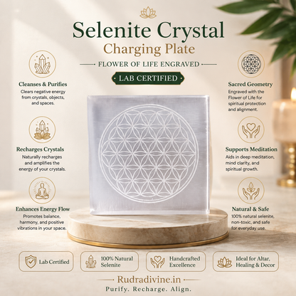 Lab Certified Selenite Crystal Charging Plate with Flower of Life engraved design crafted from genuine natural Selenite by Rudradivine for crystal cleansing, energy charging, meditation and spiritual healing.