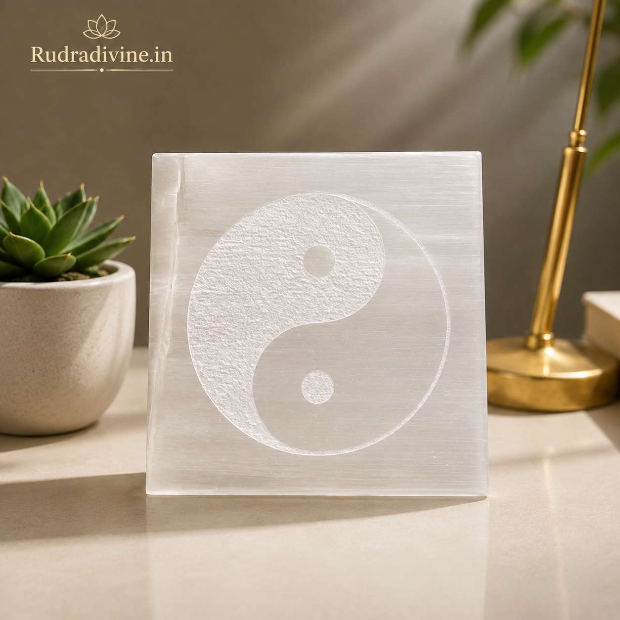 Lab Certified Selenite Engraved Charging Plate Coaster crafted from genuine natural Selenite by Rudradivine for crystal cleansing, energy charging, meditation, Reiki and spiritual healing.