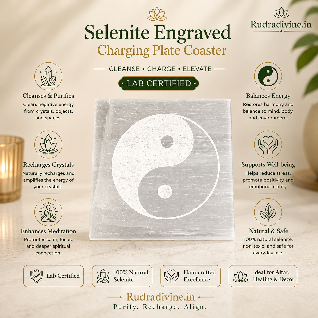 Lab Certified Selenite Engraved Charging Plate Coaster crafted from genuine natural Selenite by Rudradivine for crystal cleansing, energy charging, meditation, Reiki and spiritual healing.