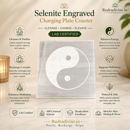 Lab Certified Selenite Engraved Charging Plate Coaster crafted from genuine natural Selenite by Rudradivine for crystal cleansing, energy charging, meditation, Reiki and spiritual healing.