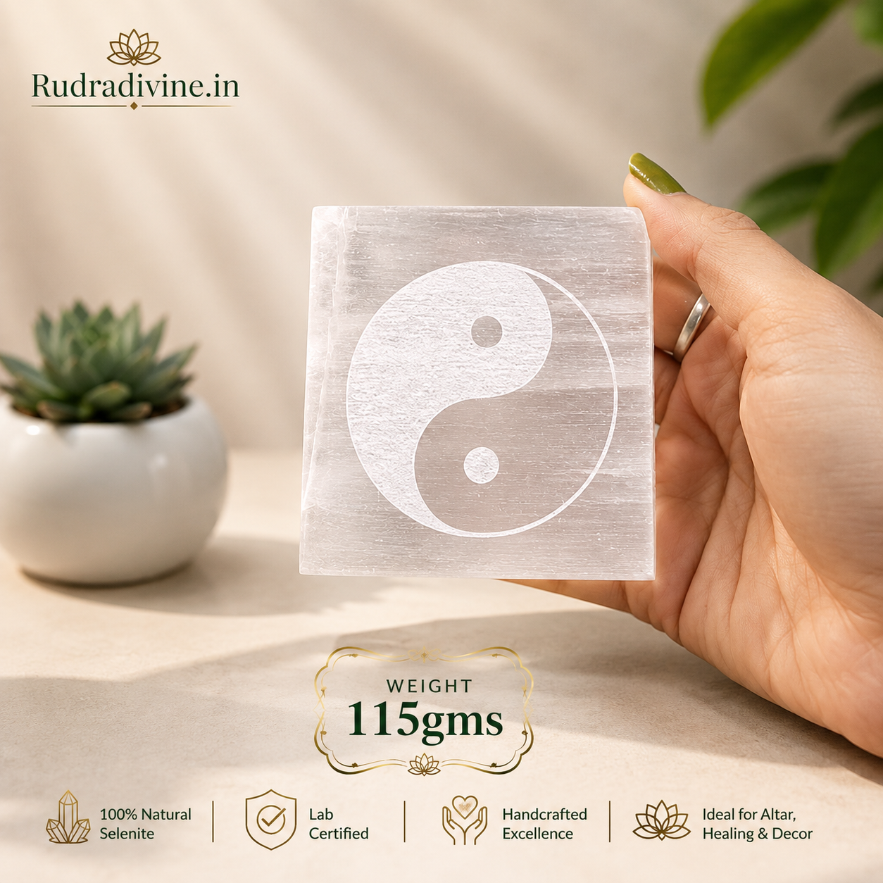 Lab Certified Selenite Engraved Charging Plate Coaster crafted from genuine natural Selenite by Rudradivine for crystal cleansing, energy charging, meditation, Reiki and spiritual healing.
