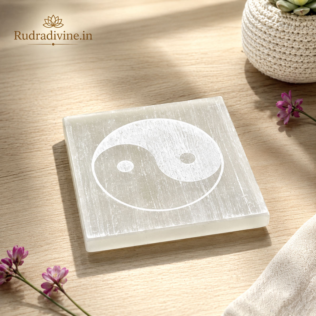Lab Certified Selenite Engraved Charging Plate Coaster crafted from genuine natural Selenite by Rudradivine for crystal cleansing, energy charging, meditation, Reiki and spiritual healing.