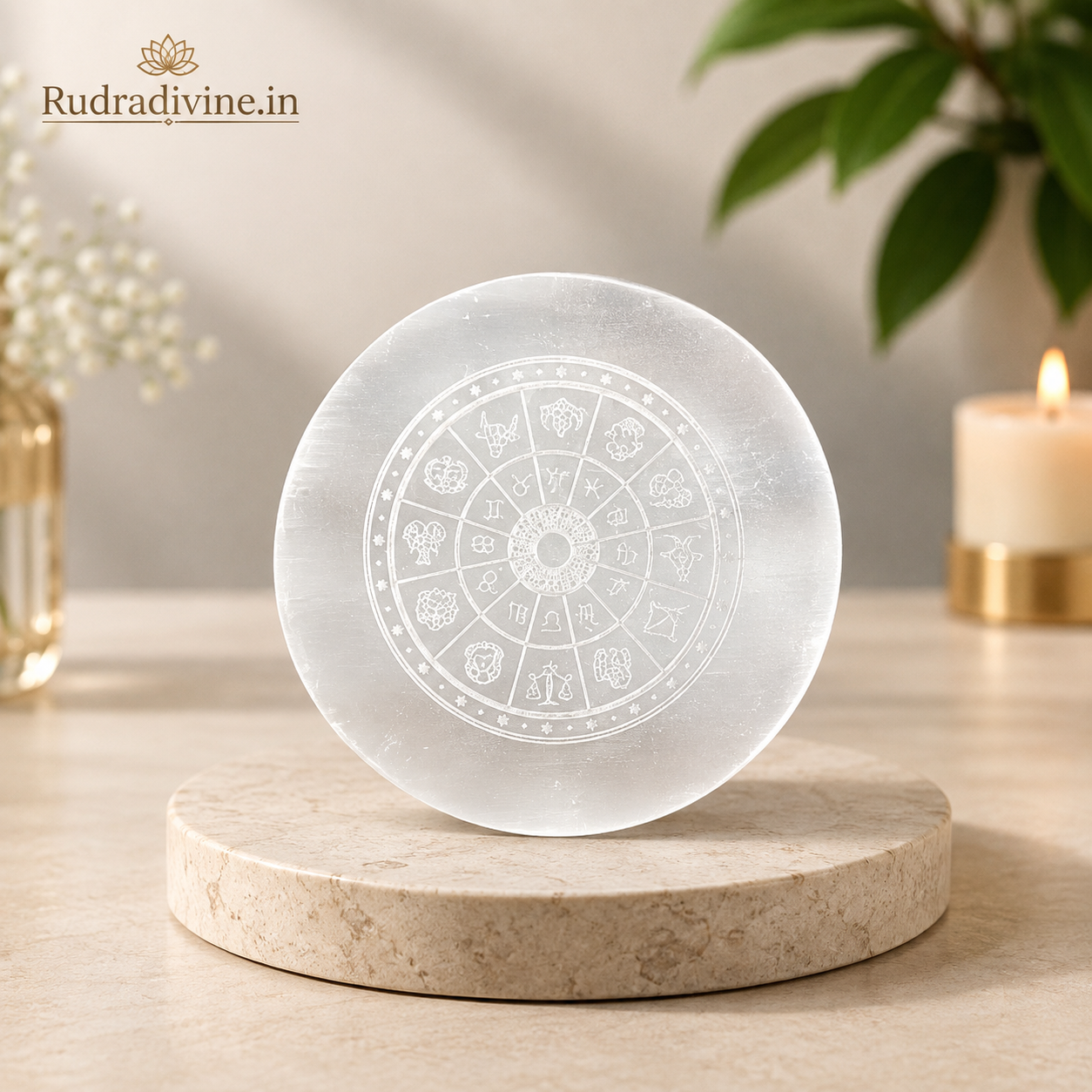 Lab Certified Selenite Zodiac Sign Charging Plate crafted from genuine natural Selenite by Rudradivine for crystal cleansing, energy charging, astrology rituals, meditation and spiritual healing.