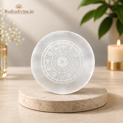 Lab Certified Selenite Zodiac Sign Charging Plate crafted from genuine natural Selenite by Rudradivine for crystal cleansing, energy charging, astrology rituals, meditation and spiritual healing.