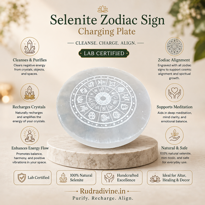 Lab Certified Selenite Zodiac Sign Charging Plate crafted from genuine natural Selenite by Rudradivine for crystal cleansing, energy charging, astrology rituals, meditation and spiritual healing.